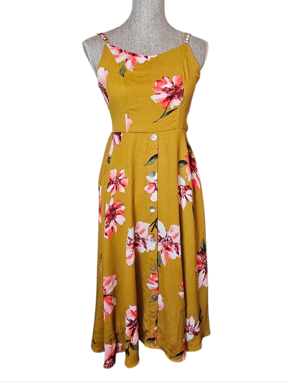 Floral Spaghetti Strap Midi Dress Size S Yellow Vacation Cottagecore Button